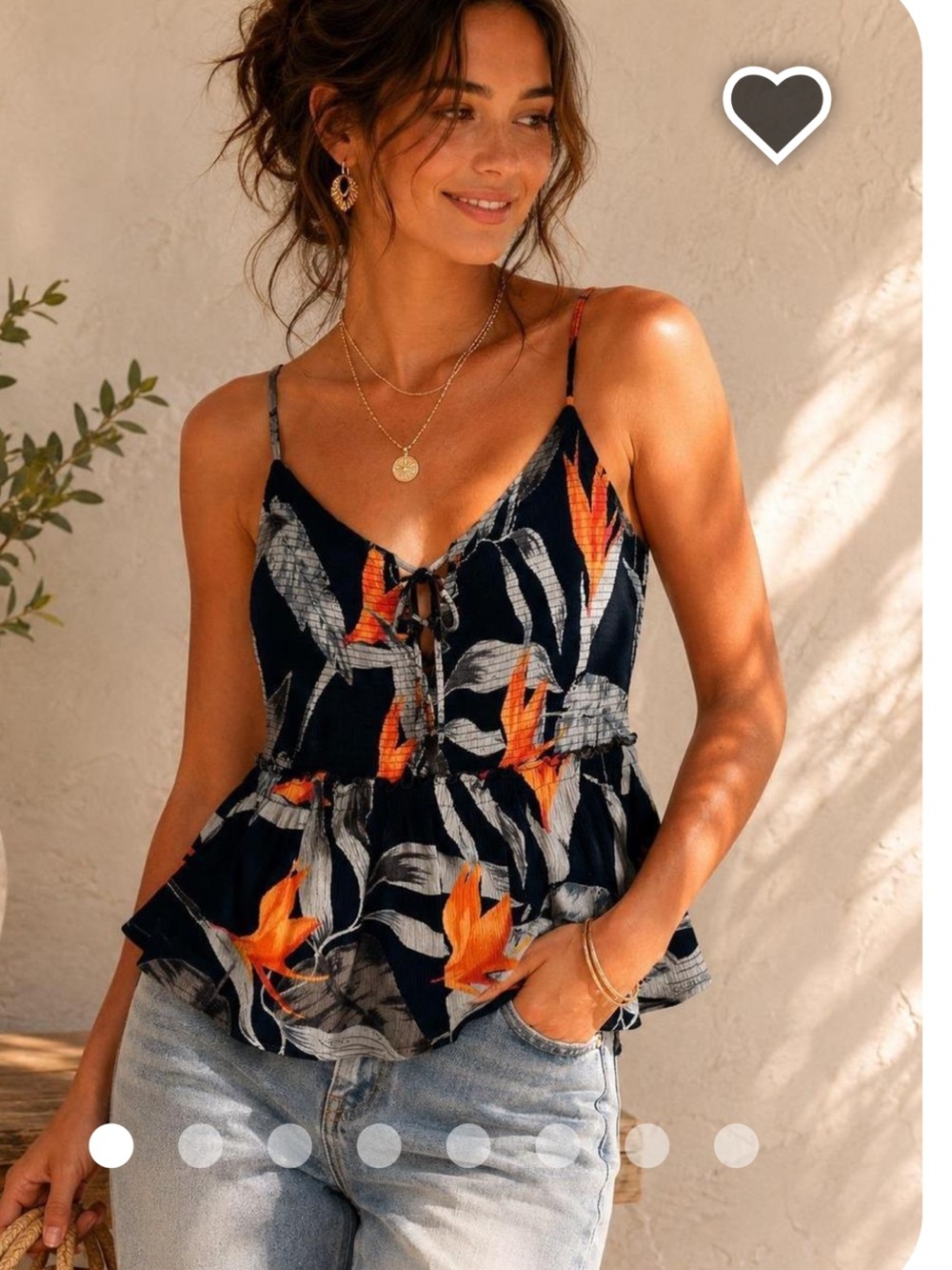 Patrons of Peace Floral Tie-Front Spaghetti Strap Top - Navy with Orange Floral